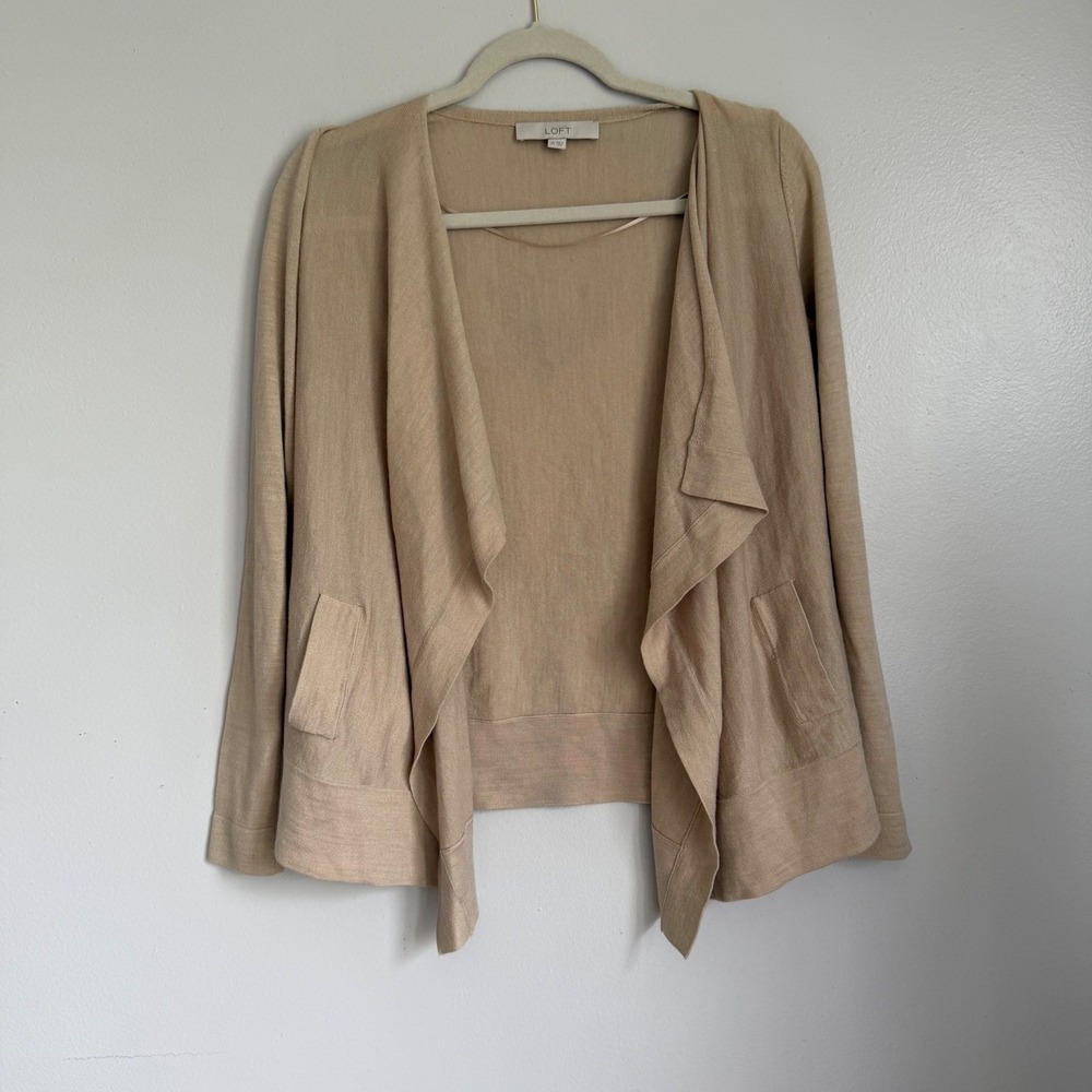 LOFT Womens XS Tan‎ Open Front Waterfall Cardigan Wool Blend Sweater Pockets